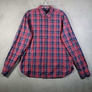 John Varvatos‎ Shirt Mens L Red Blue Plaid Long Sleeve Button Down Preppy Casual